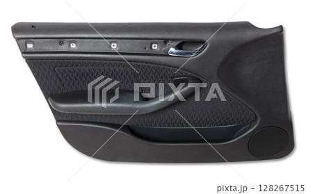 Car door trim with black leather upholstery on a white isolated background for repair and replacement in a car service. Spare parts catalog. 128267515