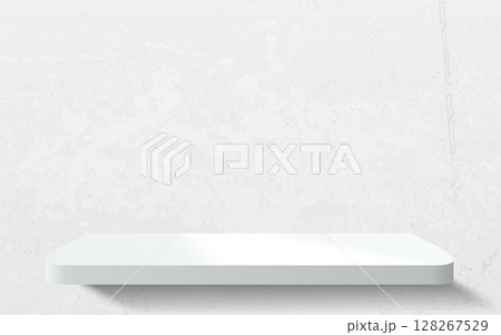 Abstract room white concrete wall with 3D realistic white podium or acrylic product shelf. Vector light plaster wall background mockup display. Minimal stage showcase scene 128267529
