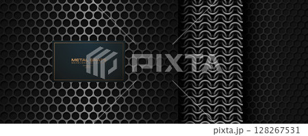 Dark seamless metal grid pattern set. Vector perforation grid texture, carbon fiber. Chain mail medieval seamless background. Metal chain armor. Black iron hexagonal grill endless web page fill 128267531