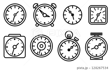 Clock face linear icon set. Time scale. Vector thin line icons isolated on white background. Alarm clock, stopwatch, watch, wall clock logo design 128267534