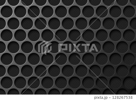 Perforation metal grid pattern texture wallpaper, black carbon fiber background. Vector black iron speaker grill endless texture. Web page backdrop. Round holes in sheet metal lined with carbon fiber 128267538