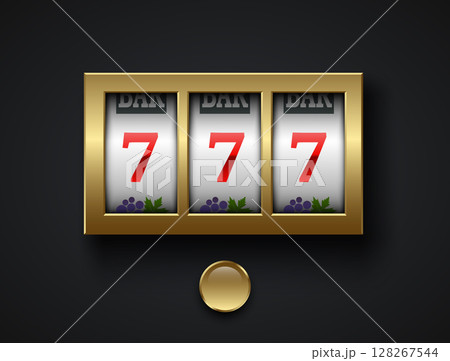 Luxury lucky seven 777 slot machine. Golden spin button, gold frame, isolated on black background. Vector online casino vegas game. Gambling fortune chance web banner. Win jackpot red 7 128267544