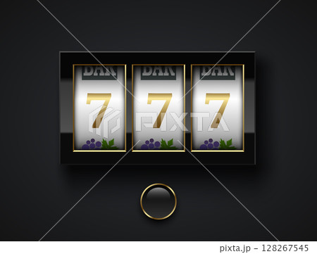 Luxury lucky seven 777 slot machine. Spin button, glossy frame, isolated on black background. Vector online casino vegas game. Gambling fortune chance web banner. Win jackpot golden 7 128267545