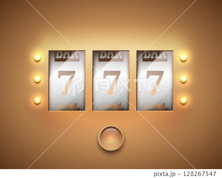 Lucky seven 777 slot machine. Spin button, cut frame, isolated on gold background. Vector online casino vegas game. Gambling fortune chance web banner. Win jackpot golden 7, led bulb light 128267547