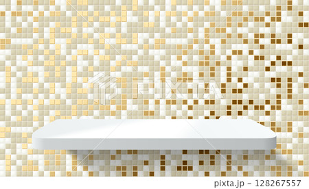 3D bathroom or kitchen room golden tiled wall, realistic white podium or acrylic product shelf. Vector grey gold mosaic ceramic tiles wall background mockup. Realistic stage showcase scene 128267557