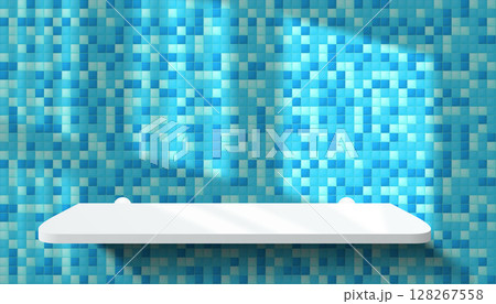 3D bathroom or kitchen room tiled wall, realistic white podium or acrylic product shelf. Vector blue mosaic ceramic tiles wall background mockup. Minimal stage showcase scene. Realistic window shadow 128267558