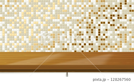 3D kitchen room table, work surface, golden tiled wall, realistic light wood podium or product shelf. Vector grey gold mosaic ceramic tiles wall background mockup. Realistic showcase stage scene 3D kitchen room table, work surface, golden tiled wall, realistic light wood podium or product shelf. Vector grey gold mosaic ceramic tiles wall background mockup. Realistic showcase stage scene 128267560