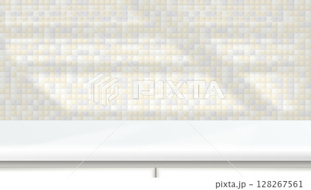 3D kitchen room table, work surface, light pastel tiled wall, white acrylic podium or plastic product shelf. Vector grey mosaic ceramic tiles wall background mockup. Showcase shadow stage scene 3D kitchen room table, work surface, light pastel tiled wall, white acrylic podium or plastic product shelf. Vector grey mosaic ceramic tiles wall background mockup. Showcase shadow stage scene 128267561