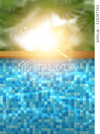 Pool party vertical poster with tropical leaf and blue mosaic tile pool water. Summer vacation design template. Jungle palm resort background vector design. Summer sun light effect Pool party vertical poster with tropical leaf and blue mosaic tile pool water. Summer vacation design template. Jungle palm resort background vector design. Summer sun light effect 128267562