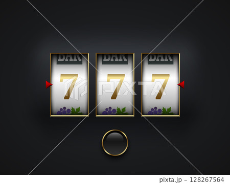 Lucky seven 777 slot machine. Spin button, cut frame, isolated on black background. Vector online casino vegas game. Gambling fortune chance web banner. Win jackpot golden 7, red arrow 128267564