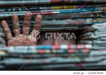 Person peeking of stacks of newspapers Person peeking of stacks of newspapers 128267646