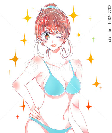 水着姿の女性　お団子頭　キラキラ 128267702