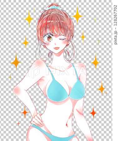 水着姿の女性　お団子頭　キラキラ 128267702