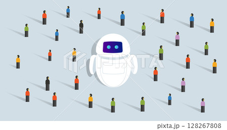 A central AI chatbot surrounded by a diverse crowd of people, illustrating the widespread interaction integration of AI technology within a population 128267808