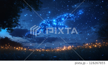 Constellation leopard made of stars leaping across night sky above illuminated wildflower meadow, magical nature scene 128267855