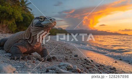 Komodo dragon resting on beach during golden sunset with ocean view, showcasing wildlife in natural habitat. Concept of endangered species conservation 128267898
