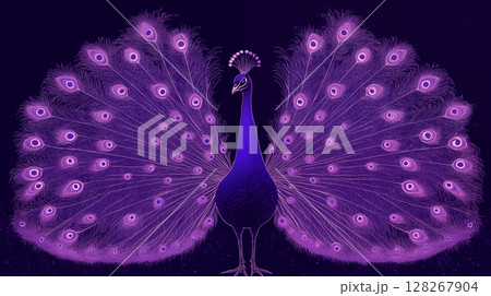 Majestic peacock displaying illuminated purple feathers against dark background, detailed digital artwork showcasing natural beauty. Exotic bird illustration 128267904
