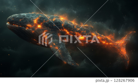 Majestic whale silhouette with glowing volcanic texture swimming in dark waters. Fantasy concept of marine life and ocean energy 128267906