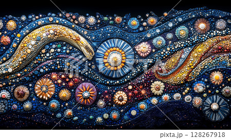Mosaic starry night pattern with flowing waves and celestial elements creating dreamlike cosmic scenery, featuring intricate details and vibrant colors for abstract design Mosaic starry night pattern with flowing waves and celestial elements creating dreamlike cosmic scenery, featuring intricate details and vibrant colors for abstract design 128267918
