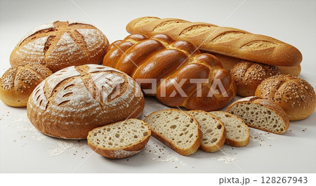 Artisanal Bread Variety Collection Featuring Rustic Sourdough, Challah, Seed Topped Loaves and Fresh Slices Artisanal Bread Variety Collection Featuring Rustic Sourdough, Challah, Seed Topped Loaves and Fresh Slices 128267943