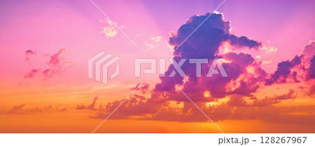 Colorful cloudy sky at sunset. Gradient color. Sky texture. Abstract nature background. Horizontal banner 128267967