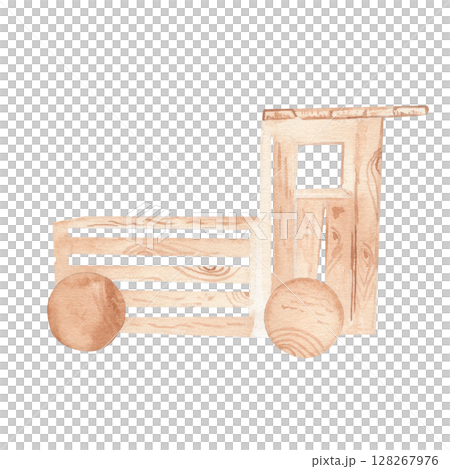 Watercolor Wooden train shaped box with garden basket. Transporting wine, food, fruits, vegetables. for decorating garden-themed postcards, making stickers, logos and seasonal decor. 128267976