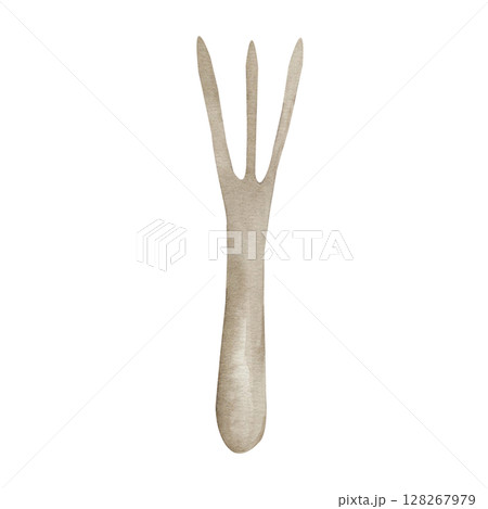 Watercolor hand painted gardening tool rake. Gardening tools are highlighted on a white background. Harvesting crops, gardens and houseplants and hobbies, environmental projects, fertilizers. 128267979