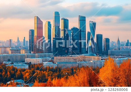 Stunning Urban Skyline at Sunset with Autumn Colors Stunning Urban Skyline at Sunset with Autumn Colors 128268008