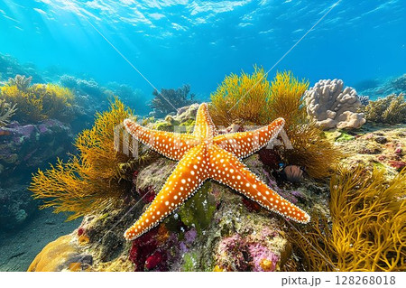 Vibrant starfish amidst underwater flora and fauna in crystal clear ocean Vibrant starfish amidst underwater flora and fauna in crystal clear ocean 128268018
