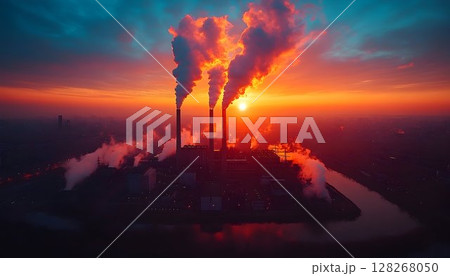 Industrial Twilight, Power Plant Emission Under a Dramatic Sunset 128268050