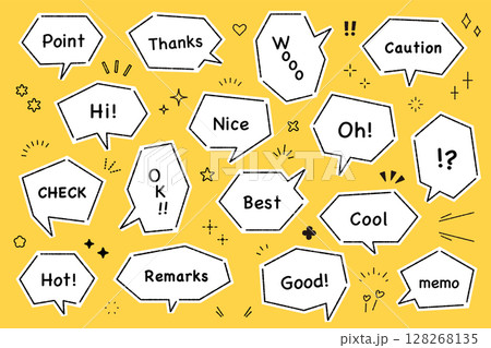 カクカクした吹き出しのベクターイラストセット　アクセント　フレーム　飾り　装飾　キラキラ　英語 128268135