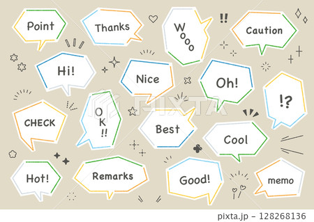 カクカクした吹き出しのベクターイラストセット　アクセント　フレーム　飾り　装飾　キラキラ　英語 128268136