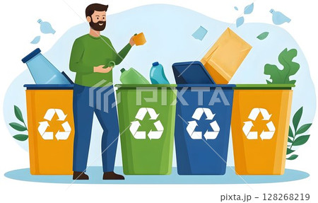 Illustration of a man recycling waste in different colored containers 128268219