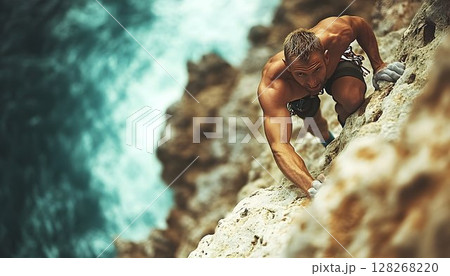 Muscular Man Ascending Coastal Cliff Face with Sea Views Below in summer 128268220