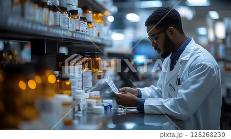 Focused Pharmacist Scrutinizing Prescription in Well Stocked Pharmacy Setting 128268230