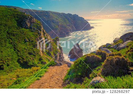 Rocky seascape. Region of Cape Roca, Atlantic Ocean, Portugal 128268297