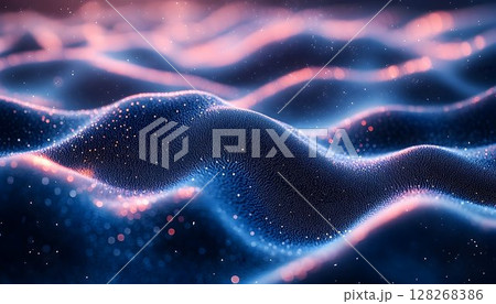 Mystical blue waves of glittering particles with pink highlights backdrop 128268386