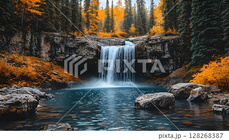 Spectacular waterfall cascading into a tranquil pool amidst vibrant autumn foliage 128268387