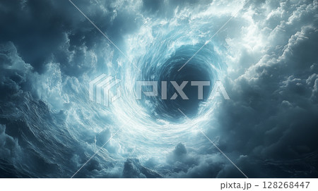 Cloud vortex swirling into dark hole in sky, cosmic portal concept for science fiction and space exploration themes 128268447