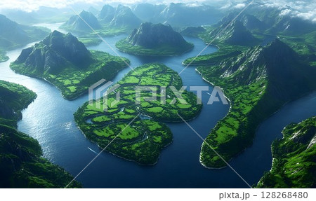 Serene Island Archipelago Amidst Verdant Mountains and a Calm Blue River 128268480