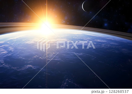 Spectacular cosmic sunrise over the Earth with rings and crescent moon 128268537