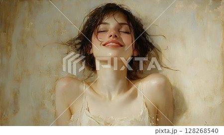Serene portrait of a young woman with closed eyes in contemplative bliss 128268540