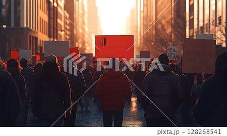 Street Protests with Blank Signs Marching in City During Golden Hour Sunlight 128268541