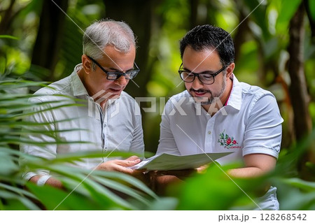 Professional discussion between colleagues amidst tropical greenery setting 128268542