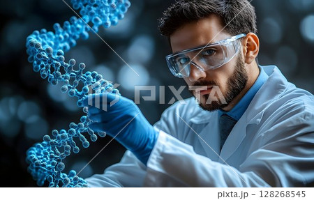Scientist meticulously examines the intricate structure of a DNA molecule 128268545
