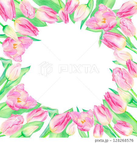 Floral square frame with watercolor drawn pink tulips,buds and leaves isolated on a white background. 128268576