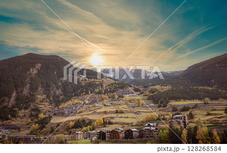 View of mountains valley in the Pyrenees in the evening. Canillo city, Andorra View of mountains valley in the Pyrenees in the evening. Canillo city, Andorra 128268584