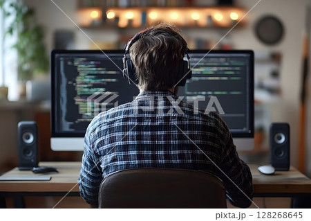 Focused coder working on the computer wearing headphones in home setting 128268645
