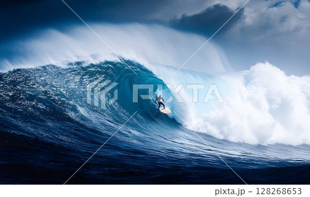 Thrilling display: A surfer conquering a colossal wave beneath a turbulent sky Thrilling display: A surfer conquering a colossal wave beneath a turbulent sky 128268653