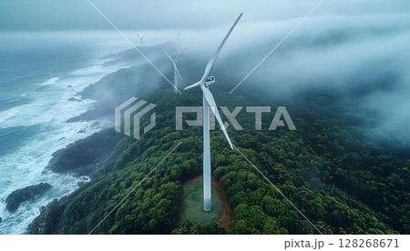 Renewable Energy Landscape: Misty Coastal Wind Turbines for Sustainable Power 128268671